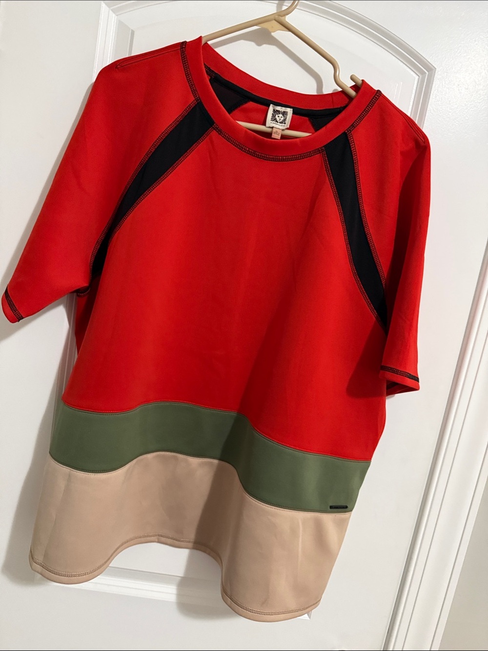 Anne Klein Red Colorblock Short-Sleeve Shirt with Green and Tan Bands